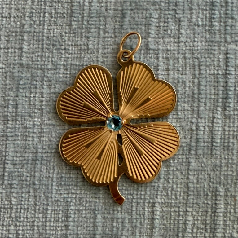 14k Engine Turned Clover Charm with Blue Topaz