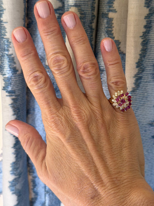 14k Ruby and Diamond Cluster Swirl Ring