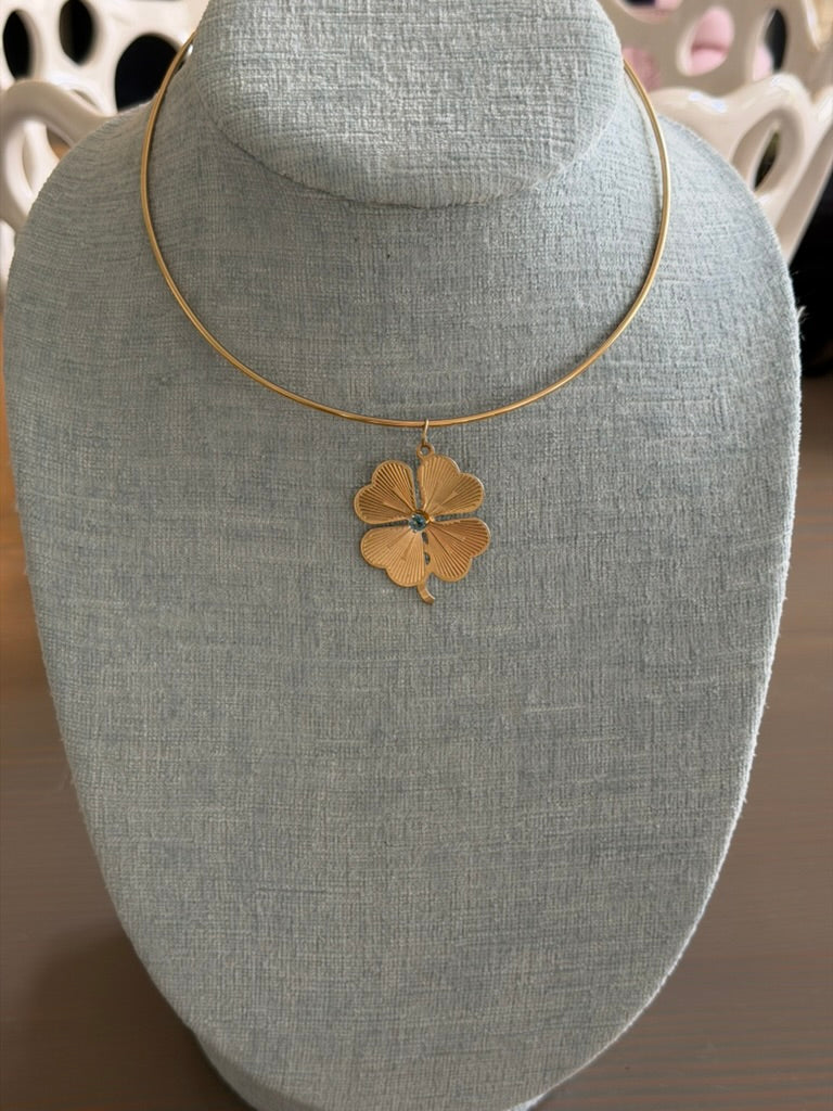 14k Engine Turned Clover Charm with Blue Topaz