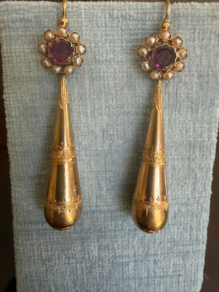 18K French Victorian Amethyst and Pearl Torpedo Earrings