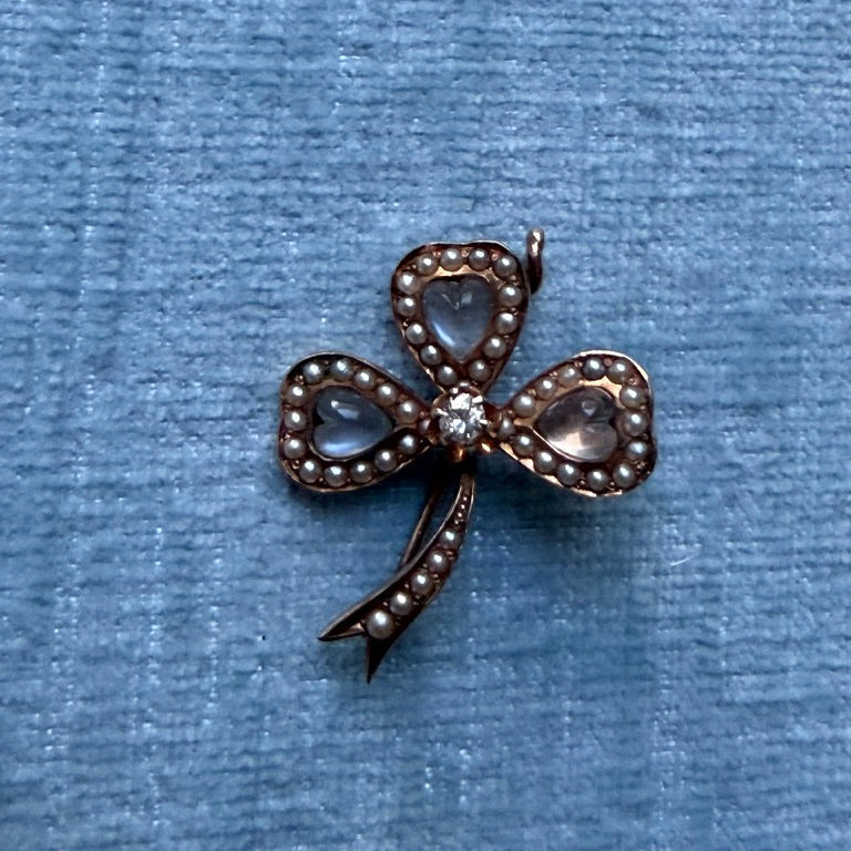 14k Moonstone, Diamond and Pearl Clover Brooch