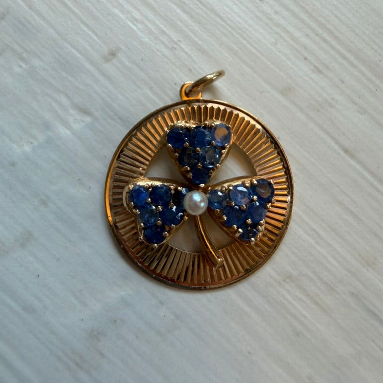 14K Sapphire and Pearl Clover Charm