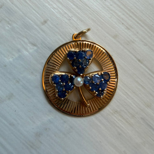 14K Sapphire and Pearl Clover Charm