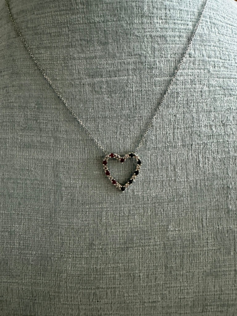 10k White Gold Ruby, Diamond and Sapphire Heart Necklace