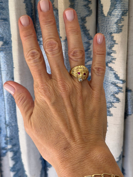 10k Lion Head Ring with Diamond Mouth and Synthetic Ruby Eyes