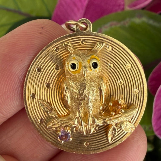 14k Dankner Engine Turned Owl Charm