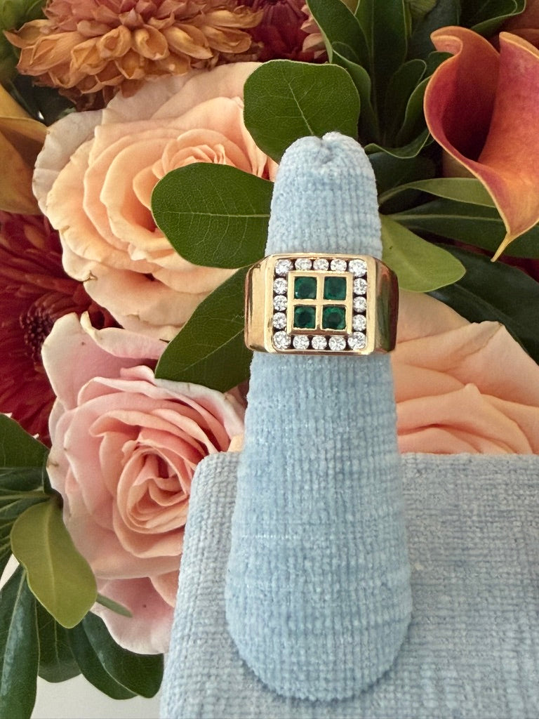 14k Square Deco Emerald Signet Ring With Diamond Halo