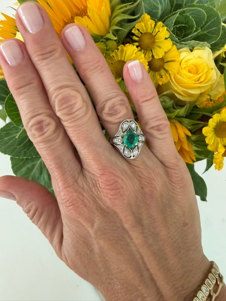 14K Emerald and Diamond Deco Oval Shaped Ring