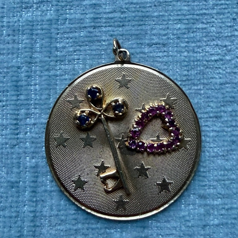 14K Heart and Key Disc Charm with Rubies and Sapphires