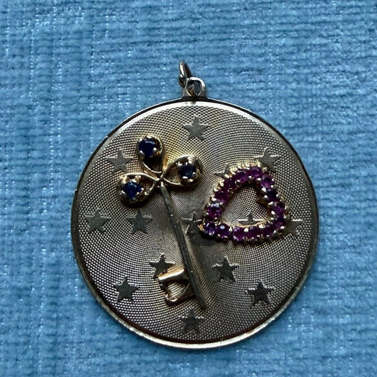 14K Heart and Key Disc Charm with Rubies and Sapphires