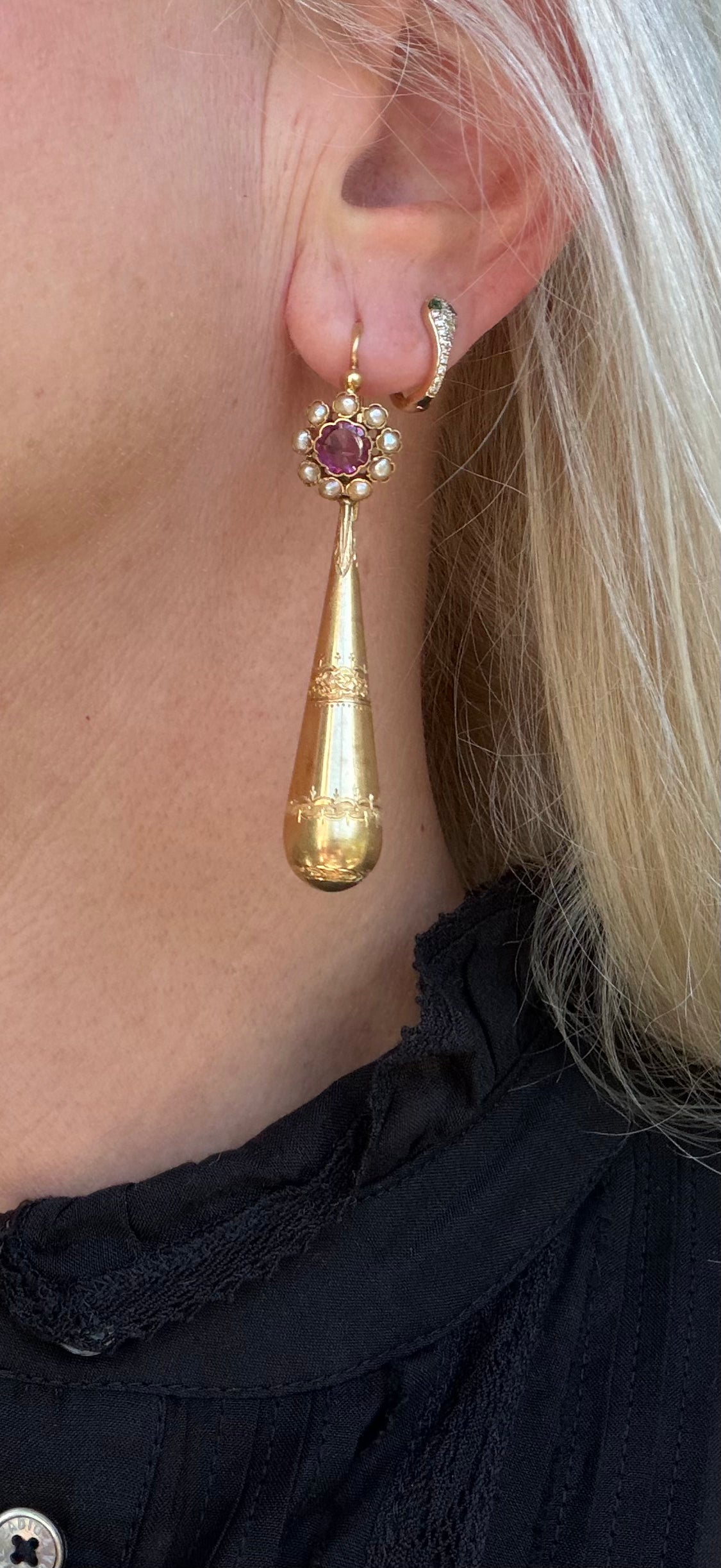 18K French Victorian Amethyst and Pearl Torpedo Earrings