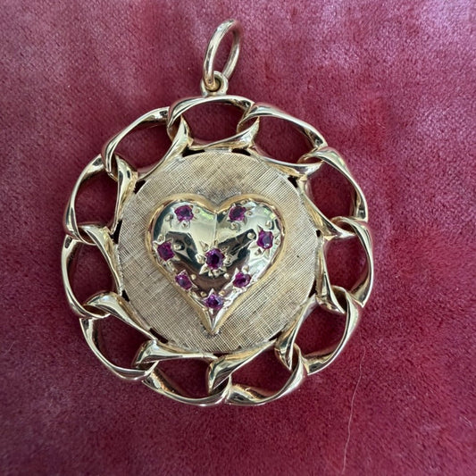 14K Ruby Heart Disc Pendant with Chain Border