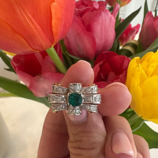 18k Emerald Tank Ring with Diamonds