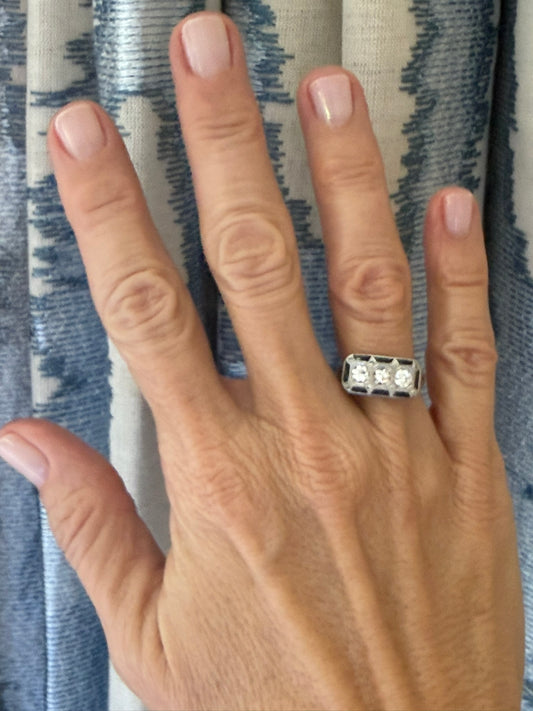 14K Three Stone Diamond Ring with Sapphire Border