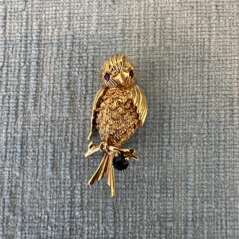 14K Sapphire and Ruby Bird Brooch