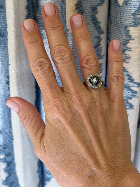 18k White Gold French Target Ring with Sapphires and Diamonds