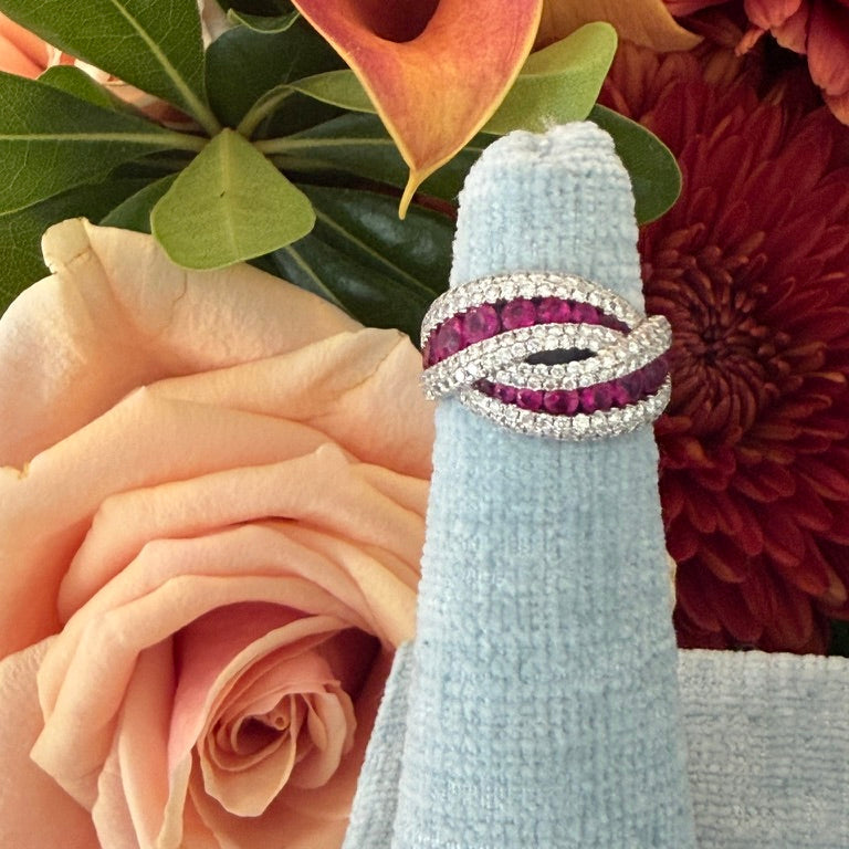 14K White Gold Diamond and Ruby Wave Ring