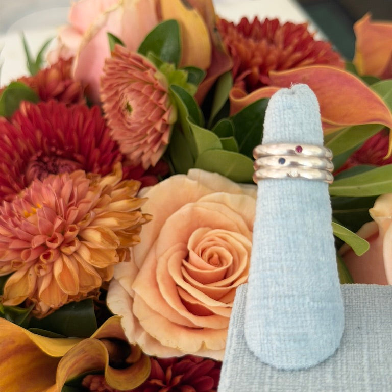 Set of Three Tiffany and Co. Elsa Peretti Sterling Silver Rings with Sapphire, Diamond and Ruby
