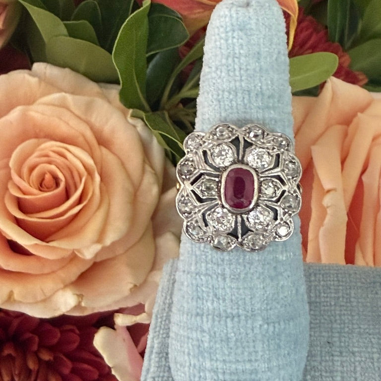 14K Antique Ruby and Diamond Flower Ring