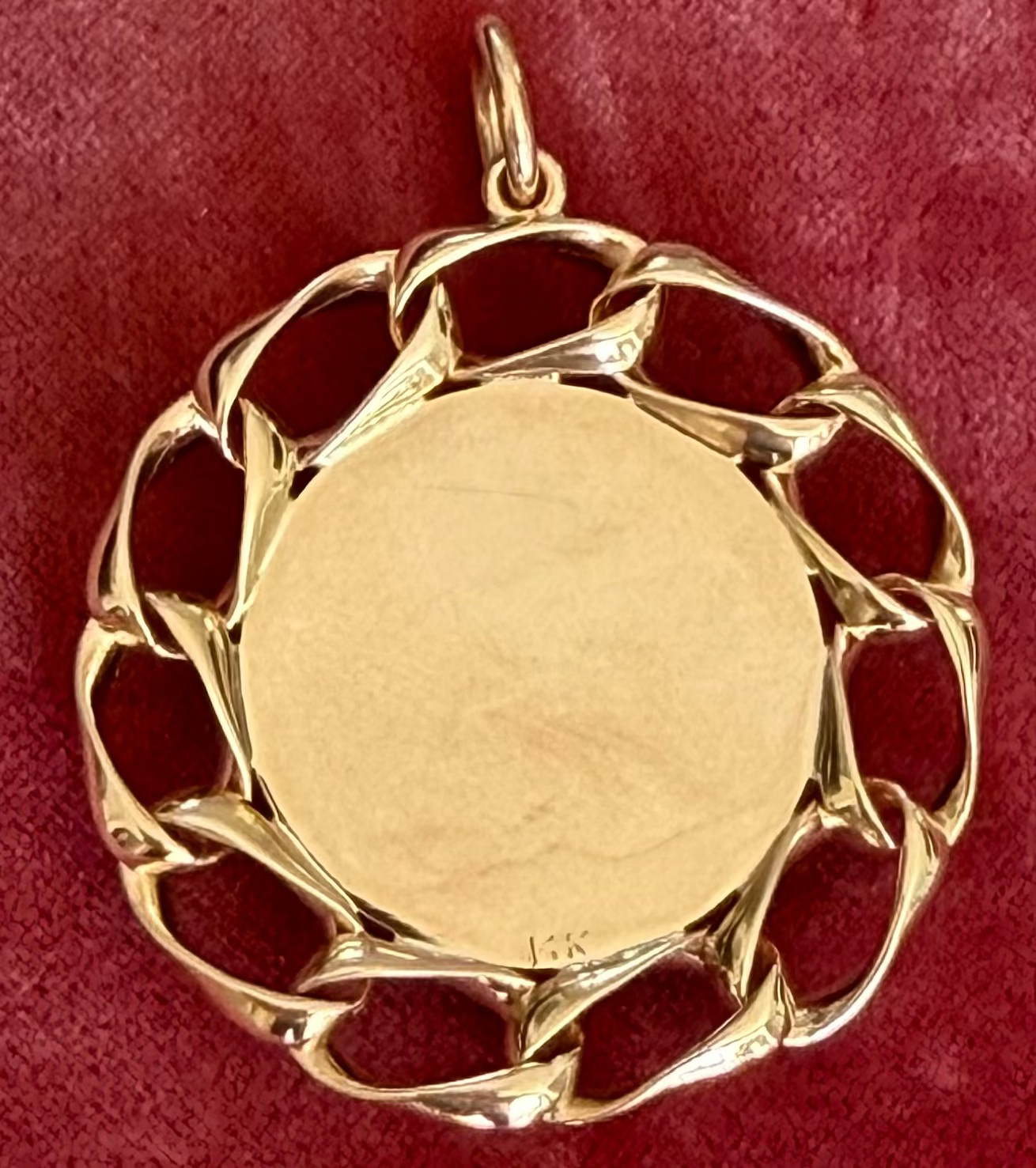 14K Ruby Heart Disc Pendant with Chain Border