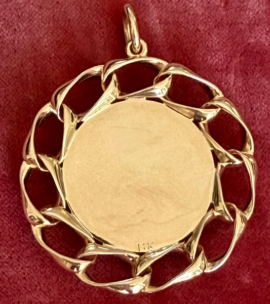 14K Ruby Heart Disc Pendant with Chain Border