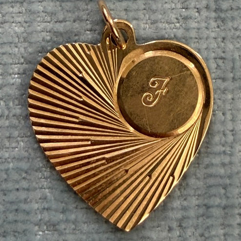 14k Engine Turned Small Heart with "F"