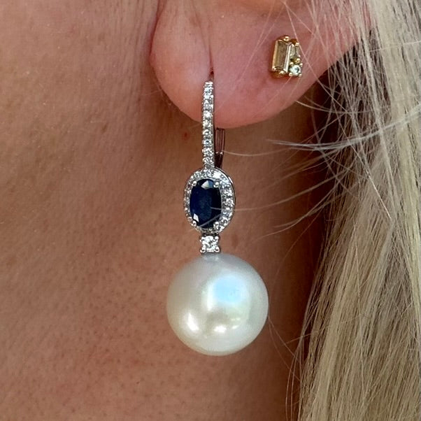 14K Sapphire, Diamond and Pearl Drop Earrings