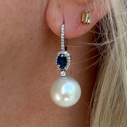 14K Sapphire, Diamond and Pearl Drop Earrings