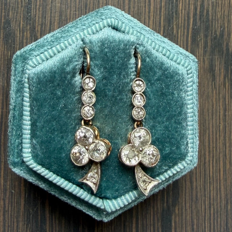 14k Antique Diamond Trefoil Lever Back Earrings