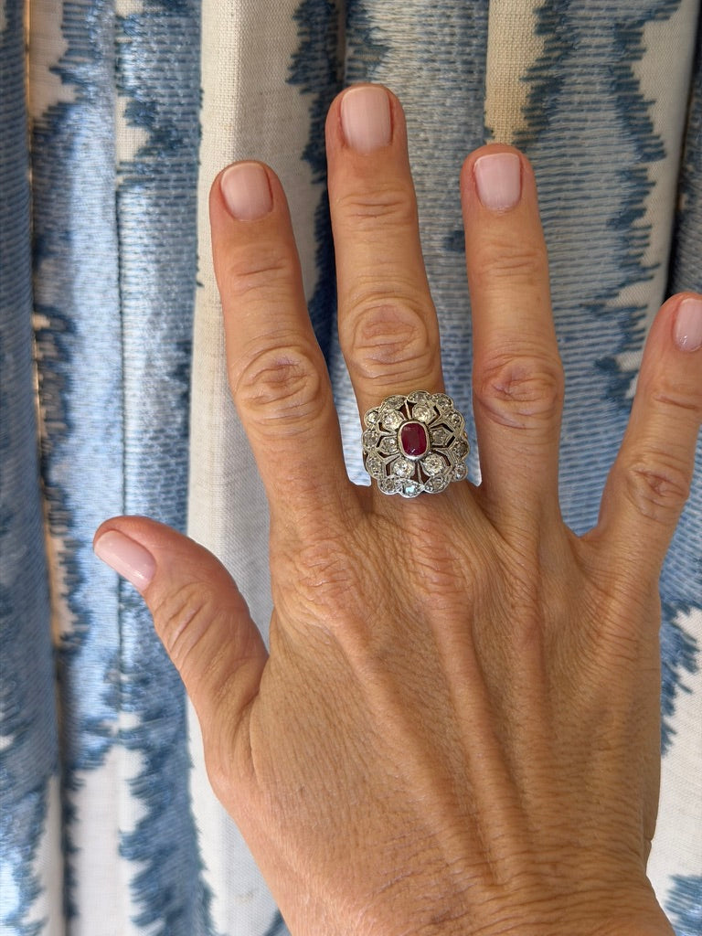 14K Antique Ruby and Diamond Flower Ring