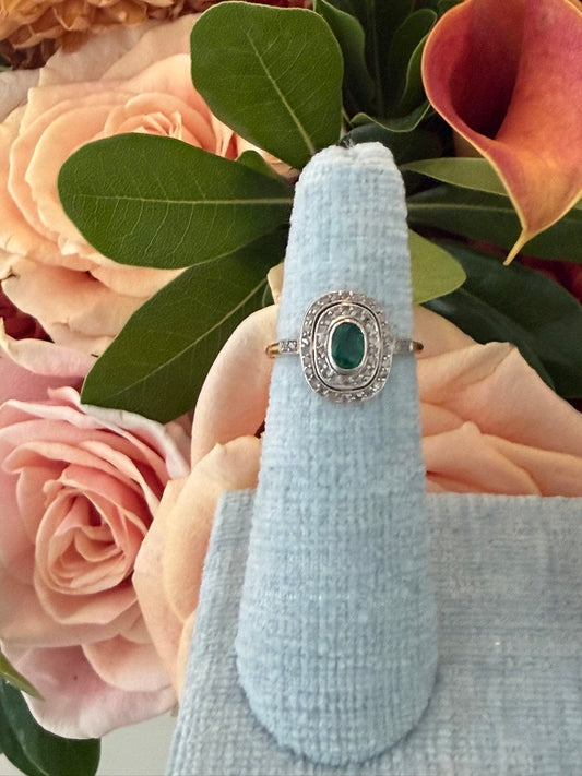 14k Emerald and Diamond Deco Oval Ring