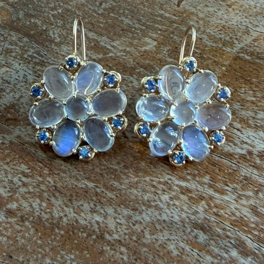 14K Moonstone and Sapphire Floral Earrings