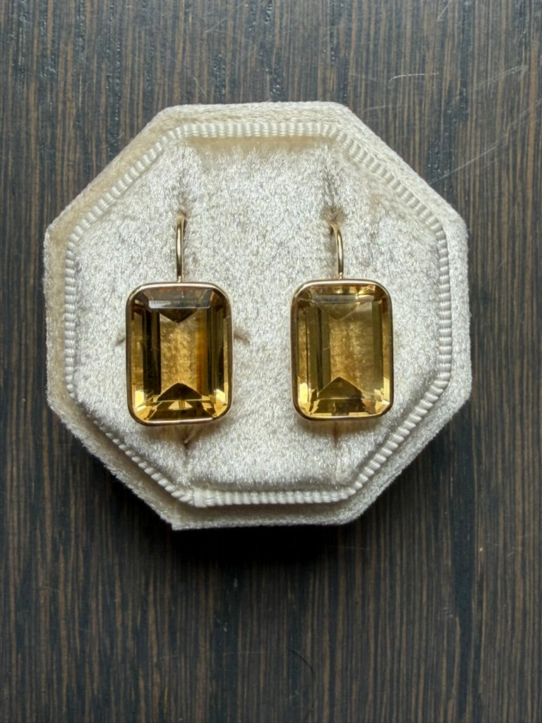 14K Emerald Cut Citrine Drop Earrings