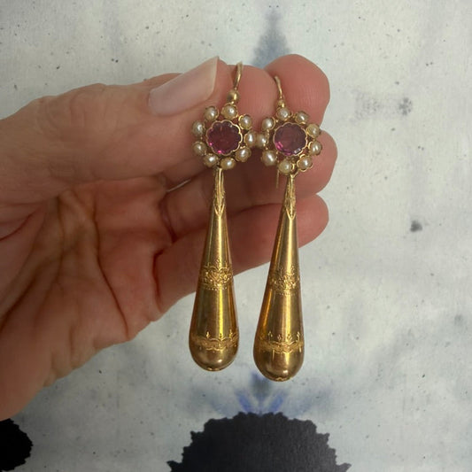 18K French Victorian Amethyst and Pearl Torpedo Earrings