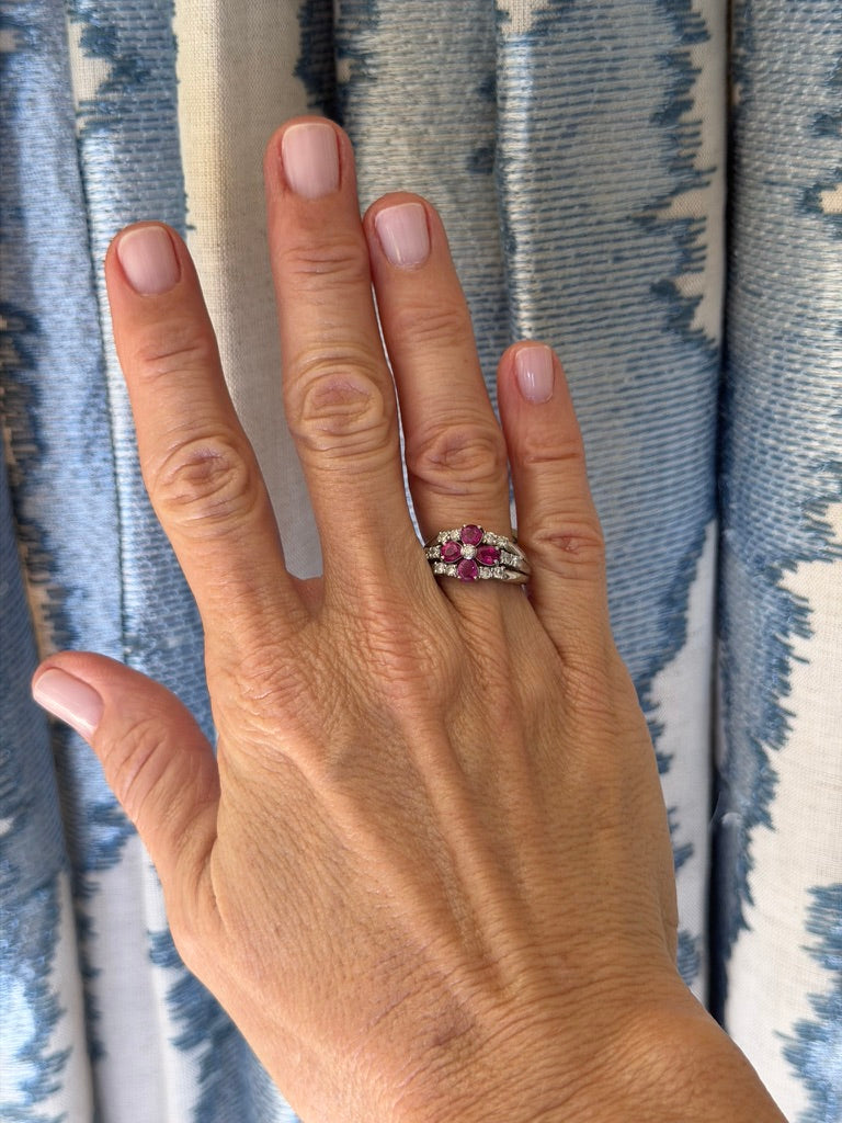 Platinum Ruby Flower Ring with Diamonds