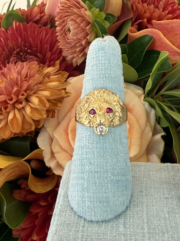 10k Lion Head Ring with Diamond Mouth and Synthetic Ruby Eyes