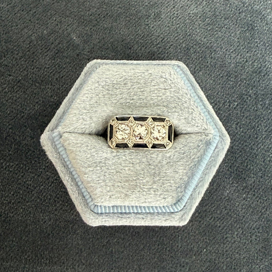 14K Three Stone Diamond Ring with Sapphire Border