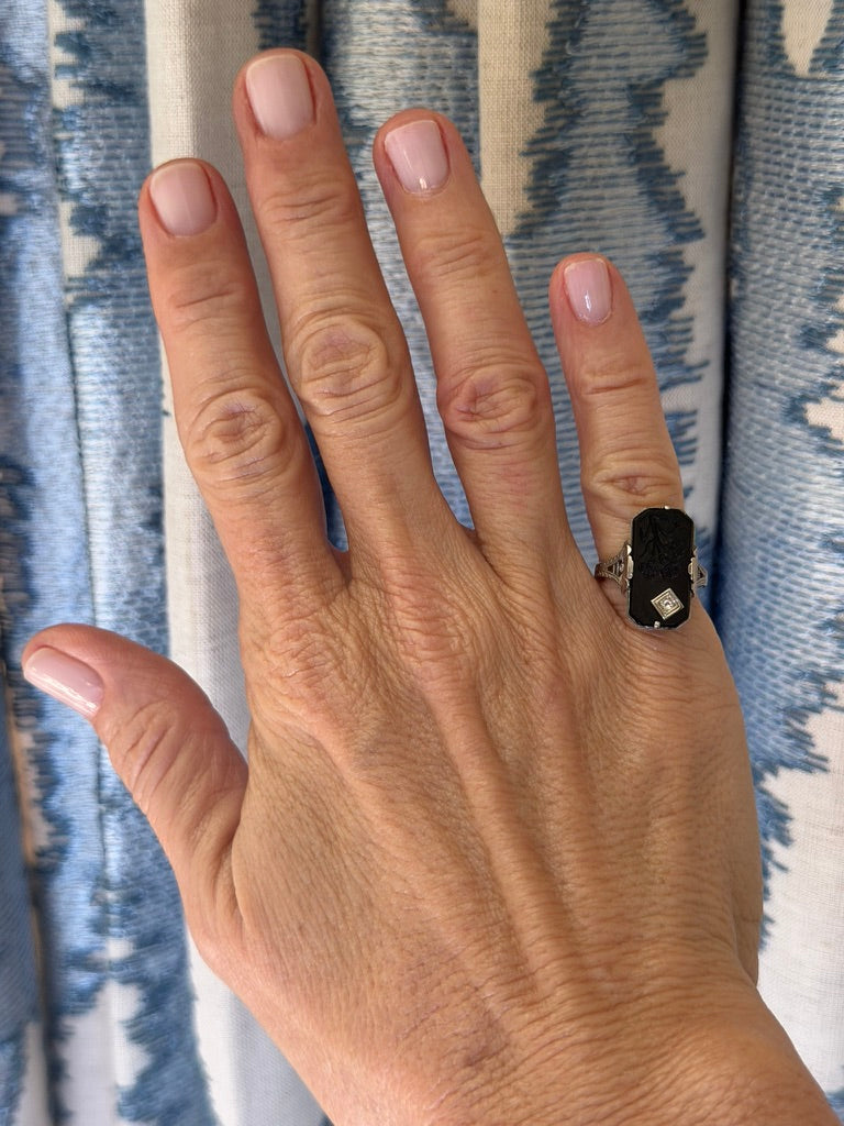 14k White Gold Onyx and Diamond Ring