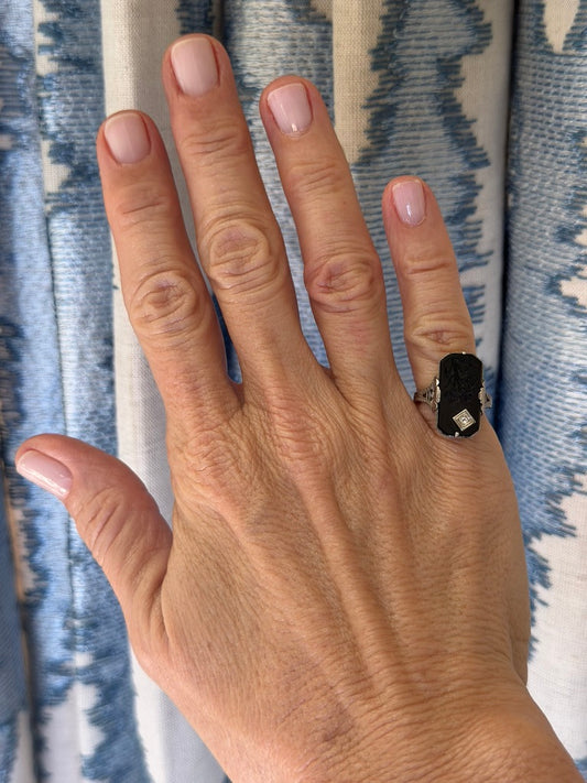 14k White Gold Onyx and Diamond Ring