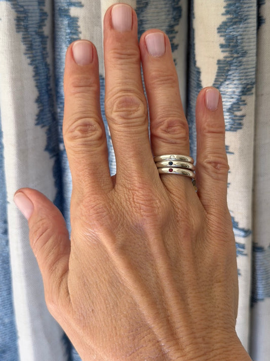 Set of Three Tiffany and Co. Elsa Peretti Sterling Silver Rings with Sapphire, Diamond and Ruby
