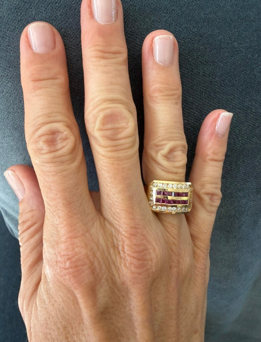 14K Deco Diamond and Ruby Calibre Cut Mid-Century Ring