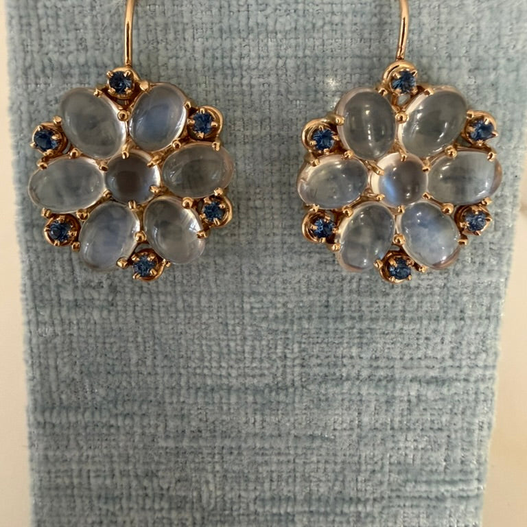 14K Moonstone and Sapphire Floral Earrings