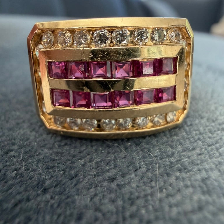 14K Deco Diamond and Ruby Calibre Cut Mid-Century Ring
