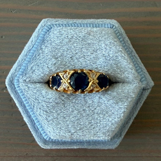 18k Three Stone Sapphire Ring with Diamonds