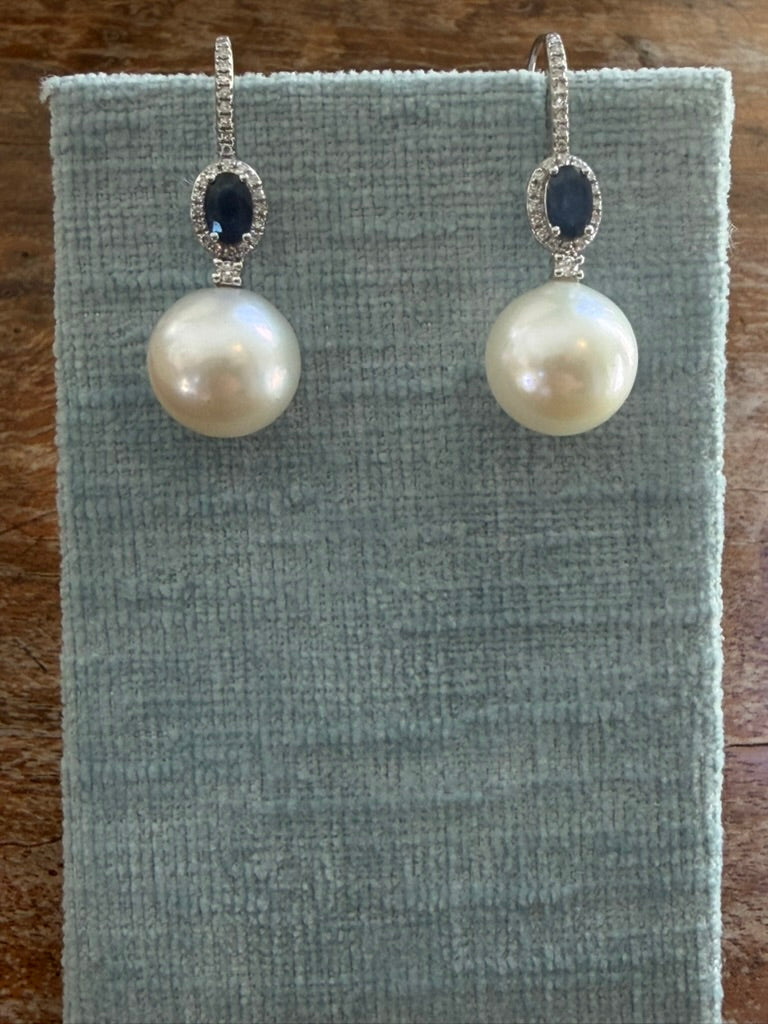 14K Sapphire, Diamond and Pearl Drop Earrings