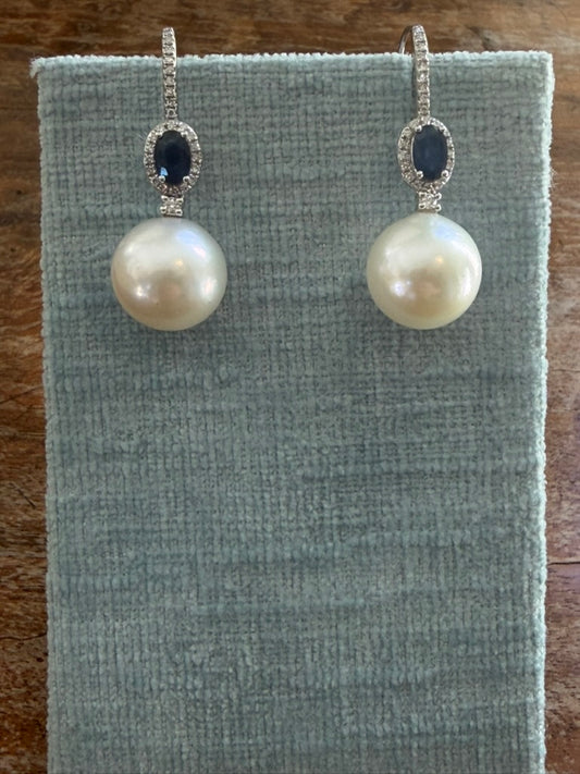 14K Sapphire, Diamond and Pearl Drop Earrings