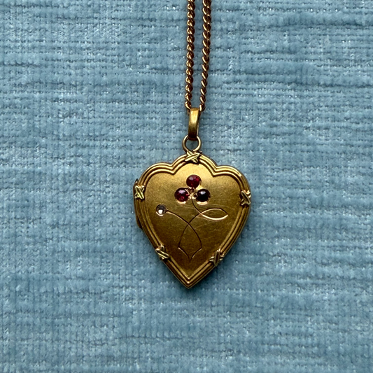 18k French Heart Locket with Diamond and Rubies on Chain