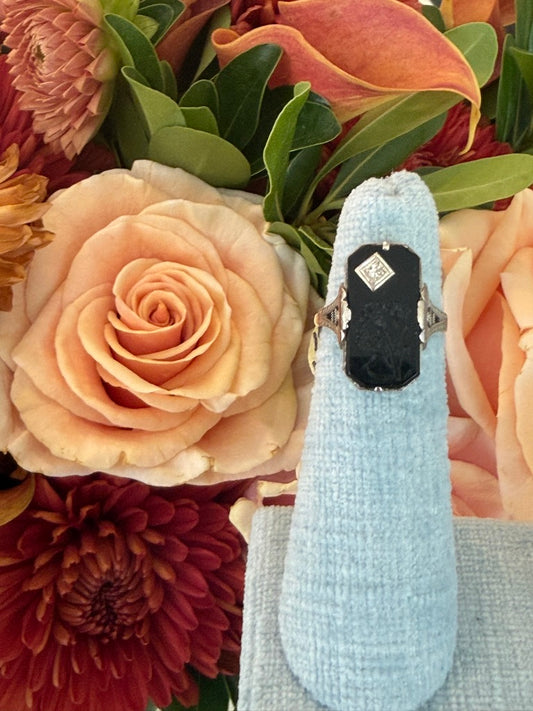 14k White Gold Onyx and Diamond Ring