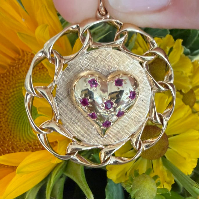 14K Ruby Heart Disc Pendant with Chain Border