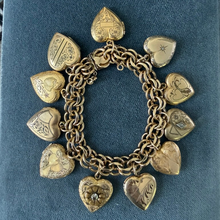 Gold Filled Eleven Heart Locket Charm Bracelet